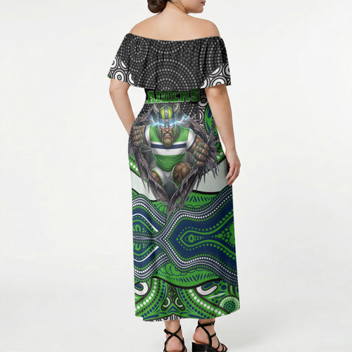 Canberra Raiders Off Shoulder Maxi Dress The Scream of Lightning Eyes - Indigenous Dot Ripping Effect
