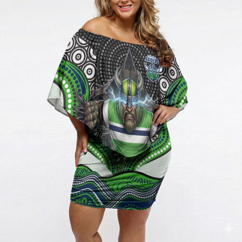 Canberra Raiders Off Shoulder Short Dress The Scream of Lightning Eyes - Indigenous Dot Ripping Effect