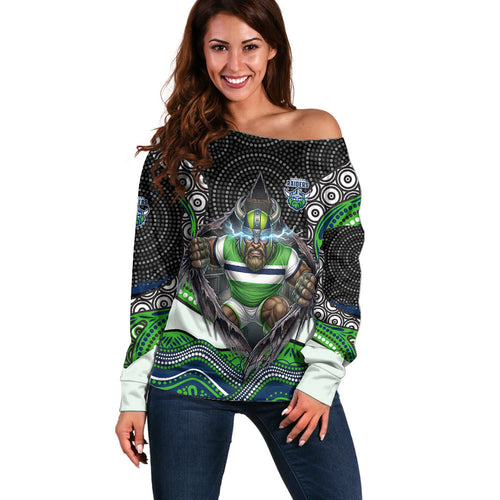 Canberra Raiders Off Shoulder Sweater The Scream of Lightning Eyes - Indigenous Dot Ripping Effect