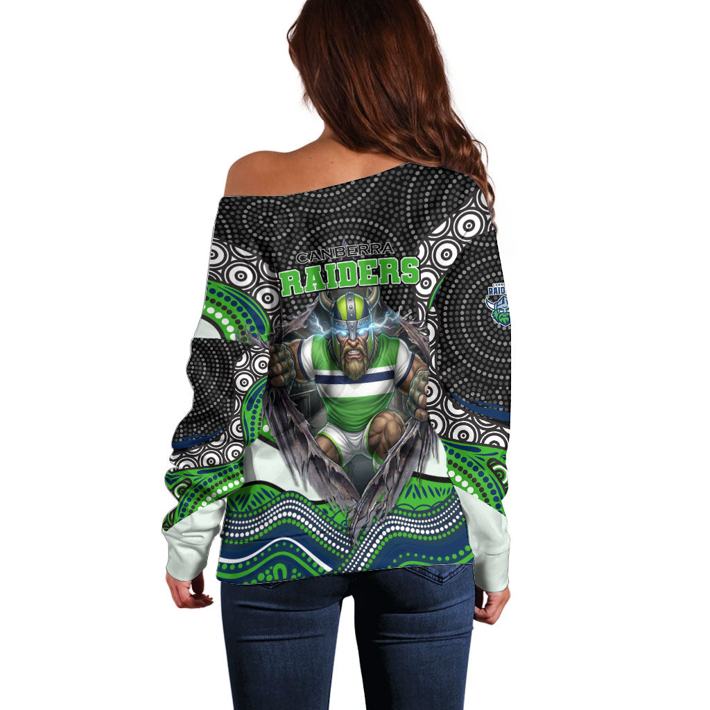 Canberra Raiders Off Shoulder Sweater The Scream of Lightning Eyes - Indigenous Dot Ripping Effect
