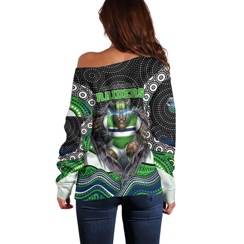 Canberra Raiders Off Shoulder Sweater The Scream of Lightning Eyes - Indigenous Dot Ripping Effect