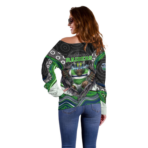 Canberra Raiders Off Shoulder Sweater The Scream of Lightning Eyes - Indigenous Dot Ripping Effect