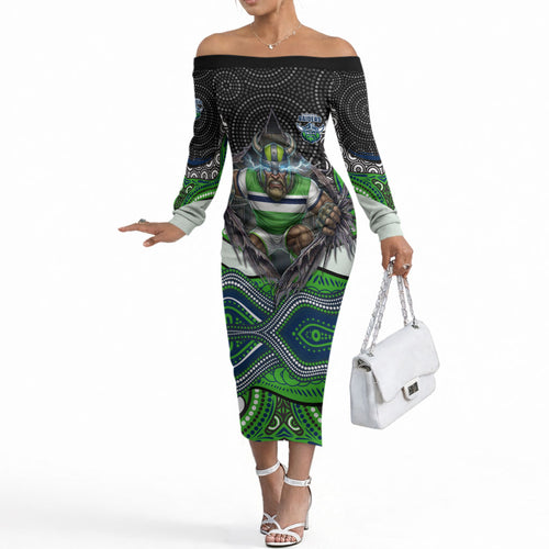 Canberra Raiders Off The Shoulder Long Sleeve Dress The Scream of Lightning Eyes - Indigenous Dot Ripping Effect