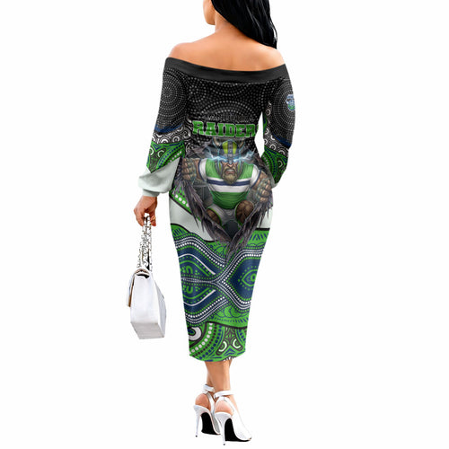 Canberra Raiders Off The Shoulder Long Sleeve Dress The Scream of Lightning Eyes - Indigenous Dot Ripping Effect