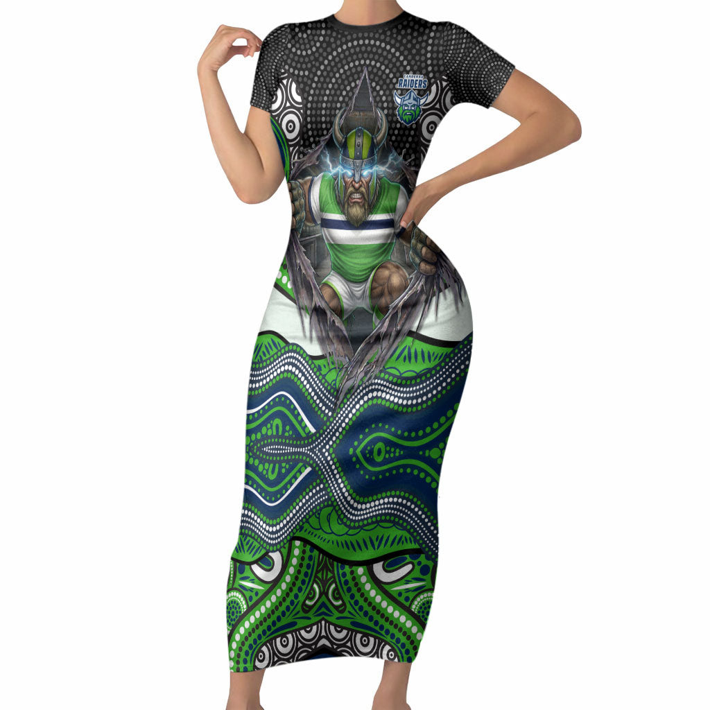Canberra Raiders Short Sleeve Bodycon Dress The Scream of Lightning Eyes - Indigenous Dot Ripping Effect