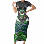 Canberra Raiders Short Sleeve Bodycon Dress The Scream of Lightning Eyes - Indigenous Dot Ripping Effect