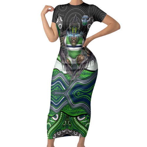 Canberra Raiders Short Sleeve Bodycon Dress The Scream of Lightning Eyes - Indigenous Dot Ripping Effect