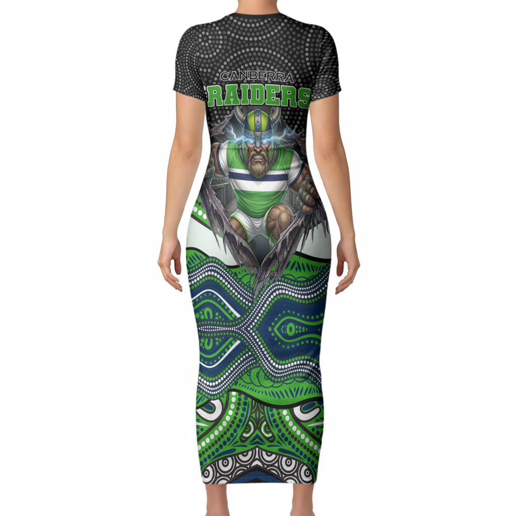Canberra Raiders Short Sleeve Bodycon Dress The Scream of Lightning Eyes - Indigenous Dot Ripping Effect