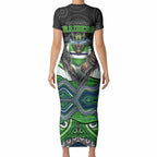 Canberra Raiders Short Sleeve Bodycon Dress The Scream of Lightning Eyes - Indigenous Dot Ripping Effect