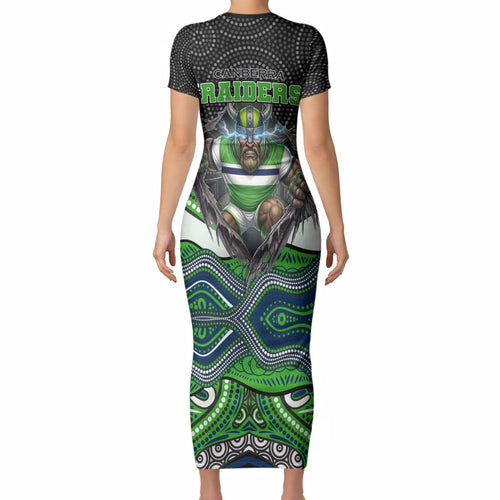 Canberra Raiders Short Sleeve Bodycon Dress The Scream of Lightning Eyes - Indigenous Dot Ripping Effect