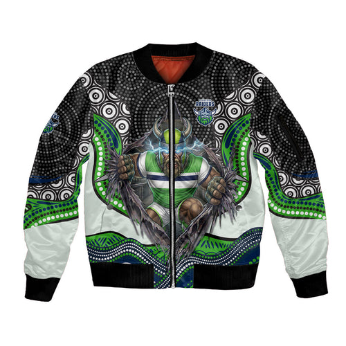 Canberra Raiders Sleeve Zip Bomber Jacket The Scream of Lightning Eyes - Indigenous Dot Ripping Effect