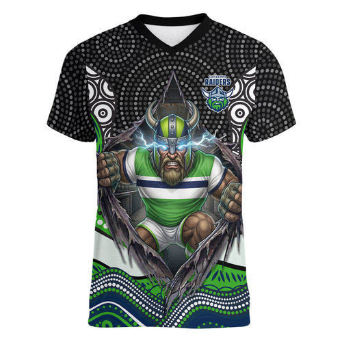 Canberra Raiders Women V-Neck T-Shirt The Scream of Lightning Eyes - Indigenous Dot Ripping Effect