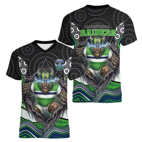 Canberra Raiders Women V-Neck T-Shirt The Scream of Lightning Eyes - Indigenous Dot Ripping Effect