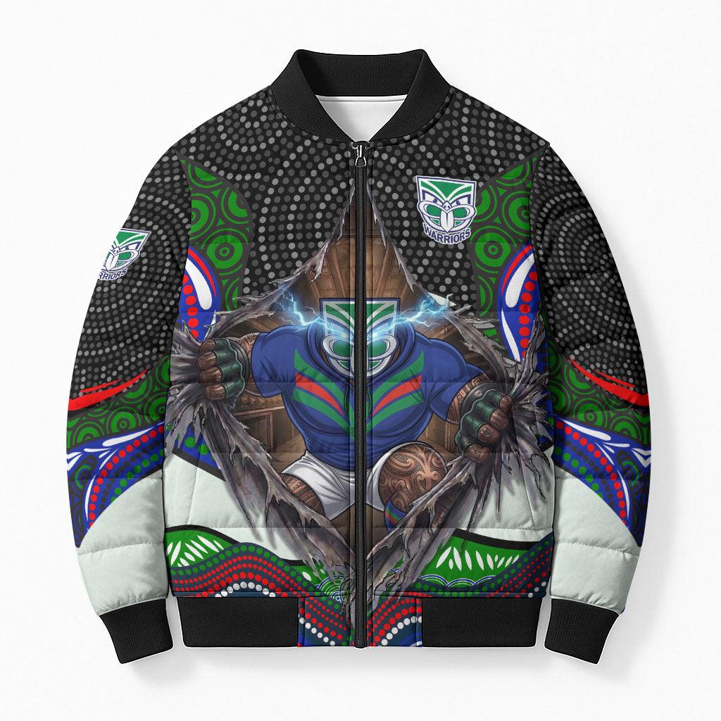 New Zealand Warriors Bomber Puffer Jacket The Scream of Lightning Eyes - Indigenous Dot Ripping Effect