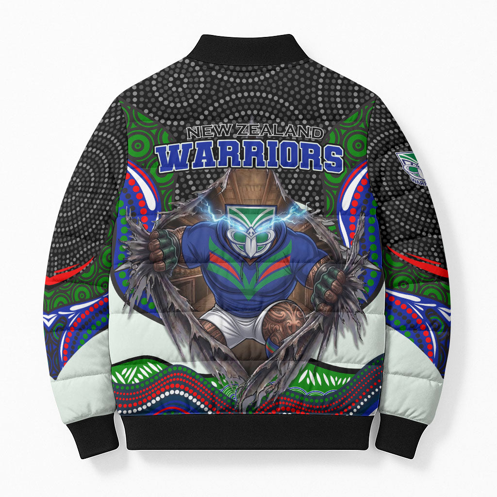 New Zealand Warriors Bomber Puffer Jacket The Scream of Lightning Eyes - Indigenous Dot Ripping Effect