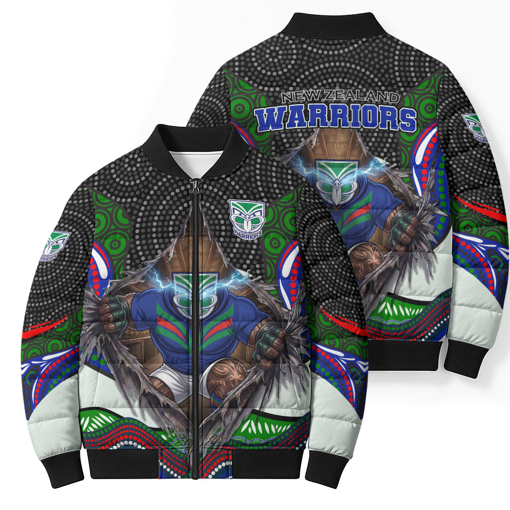 New Zealand Warriors Bomber Puffer Jacket The Scream of Lightning Eyes - Indigenous Dot Ripping Effect