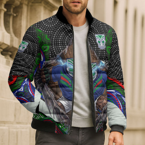 New Zealand Warriors Bomber Puffer Jacket The Scream of Lightning Eyes - Indigenous Dot Ripping Effect