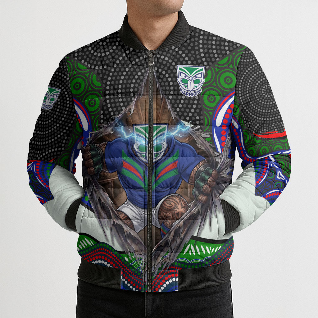 New Zealand Warriors Bomber Puffer Jacket The Scream of Lightning Eyes - Indigenous Dot Ripping Effect