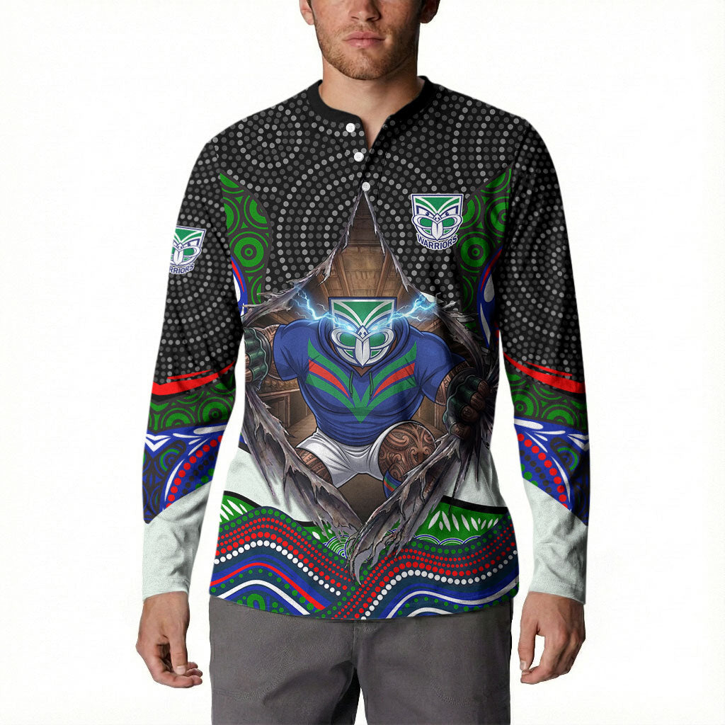 New Zealand Warriors Button Sweatshirt The Scream of Lightning Eyes - Indigenous Dot Ripping Effect