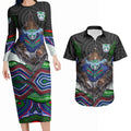 New Zealand Warriors Couples Matching Long Sleeve Bodycon Dress and Hawaiian Shirt The Scream of Lightning Eyes - Indigenous Dot Ripping Effect