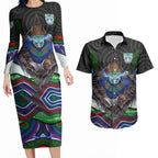 New Zealand Warriors Couples Matching Long Sleeve Bodycon Dress and Hawaiian Shirt The Scream of Lightning Eyes - Indigenous Dot Ripping Effect