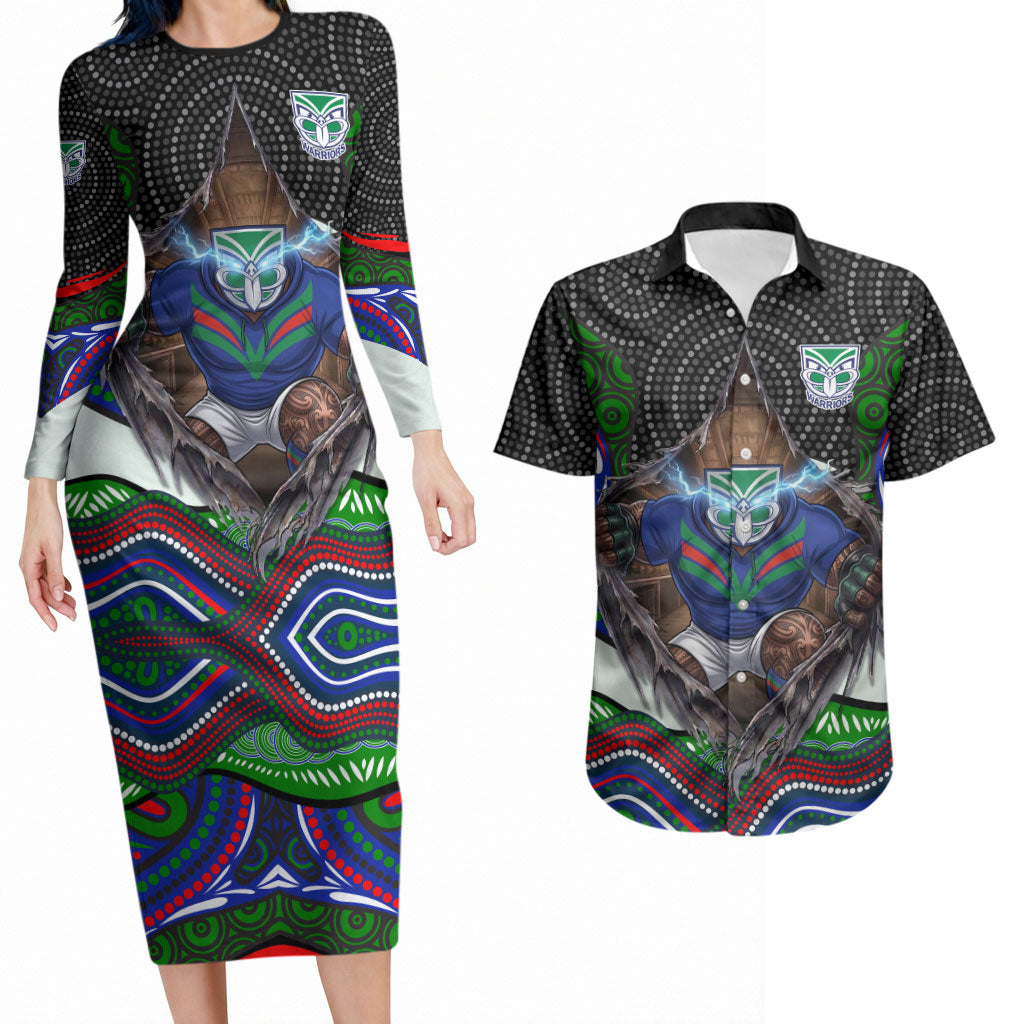 New Zealand Warriors Couples Matching Long Sleeve Bodycon Dress and Hawaiian Shirt The Scream of Lightning Eyes - Indigenous Dot Ripping Effect