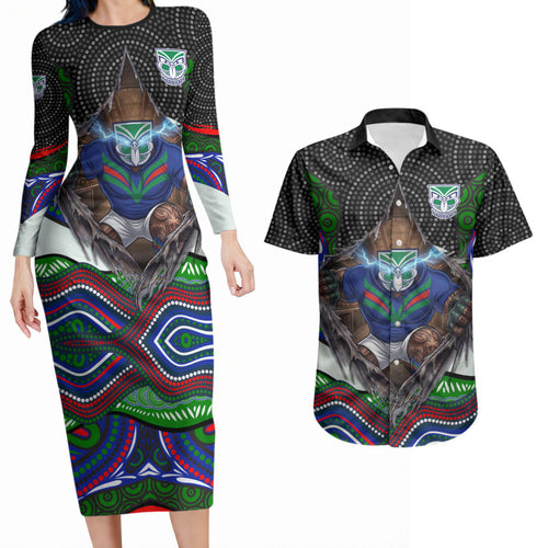 New Zealand Warriors Couples Matching Long Sleeve Bodycon Dress and Hawaiian Shirt The Scream of Lightning Eyes - Indigenous Dot Ripping Effect