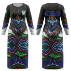 New Zealand Warriors Couples Matching Long Sleeve Bodycon Dress and Hawaiian Shirt The Scream of Lightning Eyes - Indigenous Dot Ripping Effect