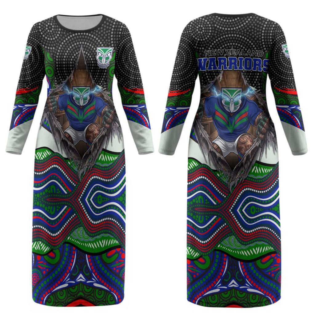New Zealand Warriors Couples Matching Long Sleeve Bodycon Dress and Hawaiian Shirt The Scream of Lightning Eyes - Indigenous Dot Ripping Effect