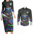 New Zealand Warriors Couples Matching Long Sleeve Bodycon Dress and Long Sleeve Button Shirt The Scream of Lightning Eyes - Indigenous Dot Ripping Effect