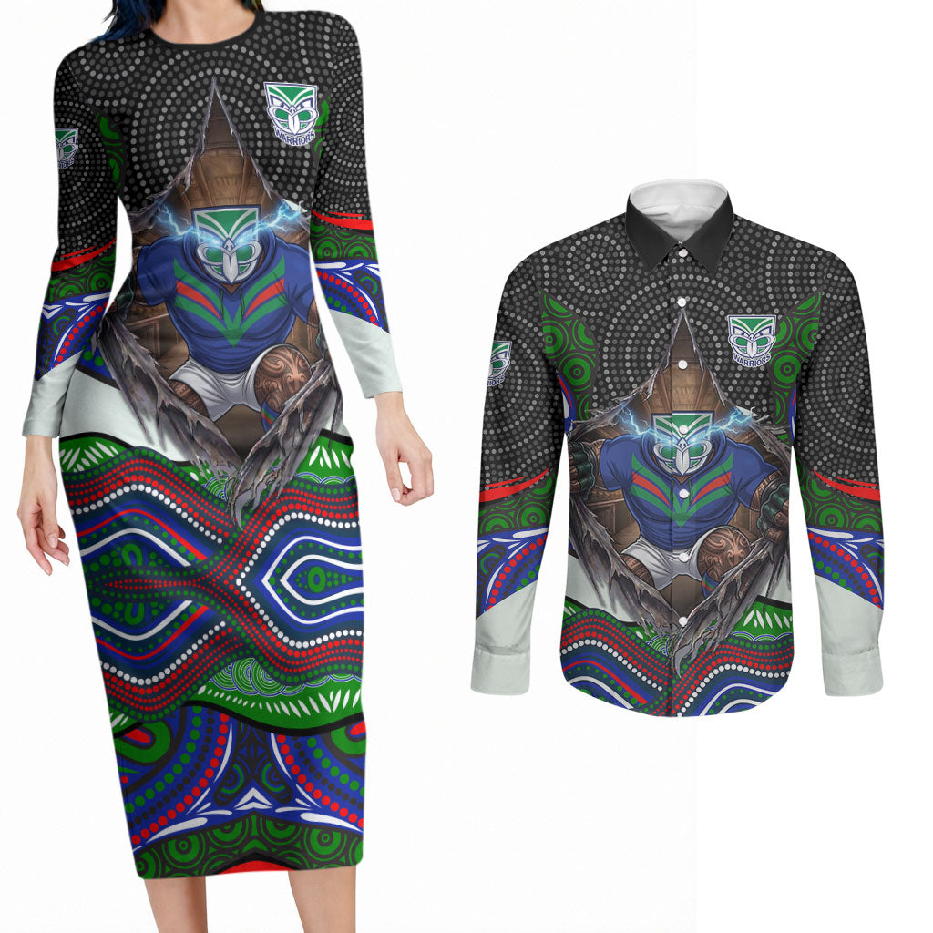 New Zealand Warriors Couples Matching Long Sleeve Bodycon Dress and Long Sleeve Button Shirt The Scream of Lightning Eyes - Indigenous Dot Ripping Effect