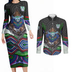New Zealand Warriors Couples Matching Long Sleeve Bodycon Dress and Long Sleeve Button Shirt The Scream of Lightning Eyes - Indigenous Dot Ripping Effect