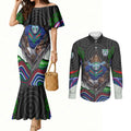 New Zealand Warriors Couples Matching Mermaid Dress and Long Sleeve Button Shirt The Scream of Lightning Eyes - Indigenous Dot Ripping Effect