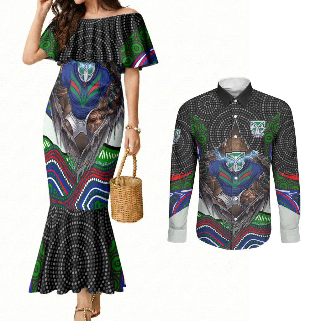 New Zealand Warriors Couples Matching Mermaid Dress and Long Sleeve Button Shirt The Scream of Lightning Eyes - Indigenous Dot Ripping Effect