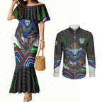New Zealand Warriors Couples Matching Mermaid Dress and Long Sleeve Button Shirt The Scream of Lightning Eyes - Indigenous Dot Ripping Effect