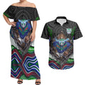 New Zealand Warriors Couples Matching Off Shoulder Maxi Dress and Hawaiian Shirt The Scream of Lightning Eyes - Indigenous Dot Ripping Effect