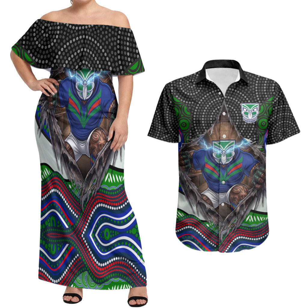 New Zealand Warriors Couples Matching Off Shoulder Maxi Dress and Hawaiian Shirt The Scream of Lightning Eyes - Indigenous Dot Ripping Effect