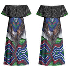 New Zealand Warriors Couples Matching Off Shoulder Maxi Dress and Hawaiian Shirt The Scream of Lightning Eyes - Indigenous Dot Ripping Effect
