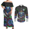 New Zealand Warriors Couples Matching Off Shoulder Maxi Dress and Long Sleeve Button Shirt The Scream of Lightning Eyes - Indigenous Dot Ripping Effect