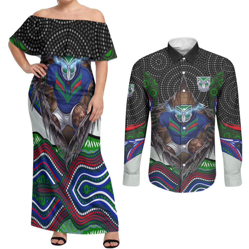 New Zealand Warriors Couples Matching Off Shoulder Maxi Dress and Long Sleeve Button Shirt The Scream of Lightning Eyes - Indigenous Dot Ripping Effect