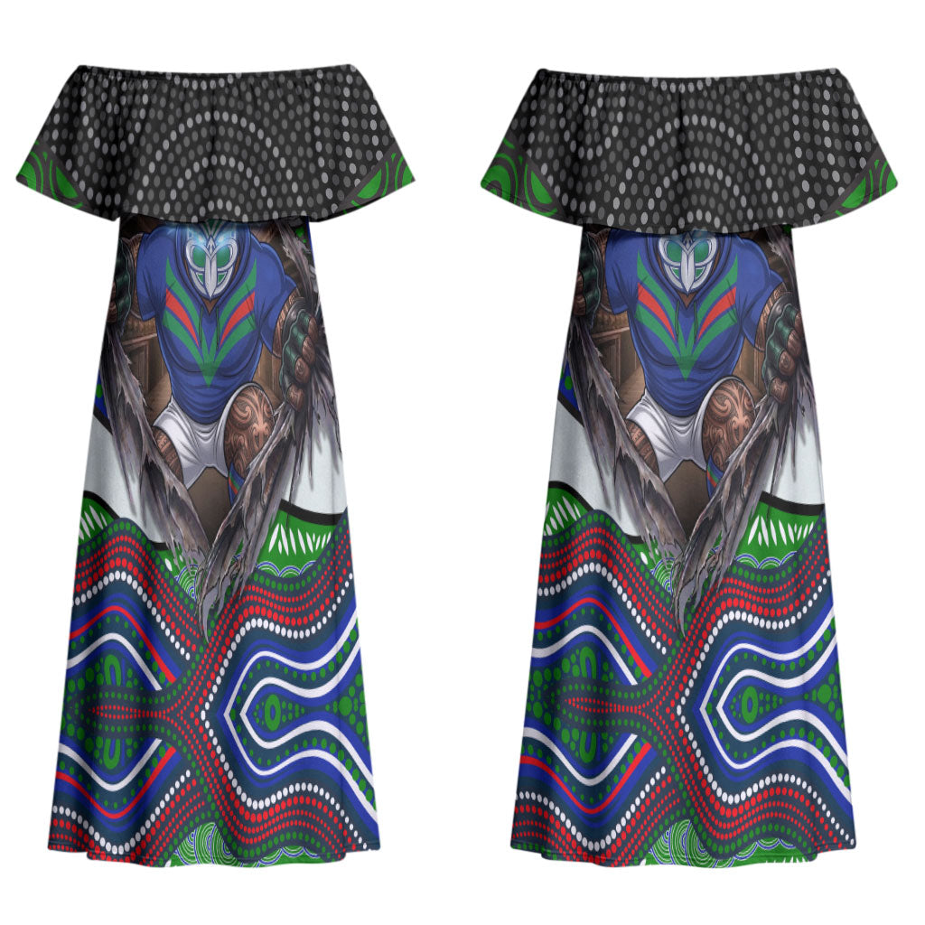 New Zealand Warriors Couples Matching Off Shoulder Maxi Dress and Long Sleeve Button Shirt The Scream of Lightning Eyes - Indigenous Dot Ripping Effect
