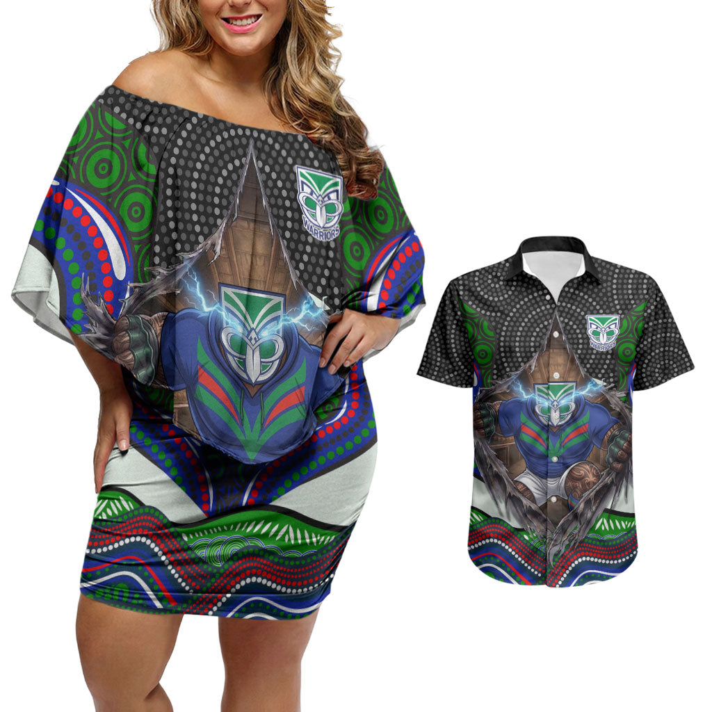 New Zealand Warriors Couples Matching Off Shoulder Short Dress and Hawaiian Shirt The Scream of Lightning Eyes - Indigenous Dot Ripping Effect