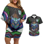New Zealand Warriors Couples Matching Off Shoulder Short Dress and Hawaiian Shirt The Scream of Lightning Eyes - Indigenous Dot Ripping Effect