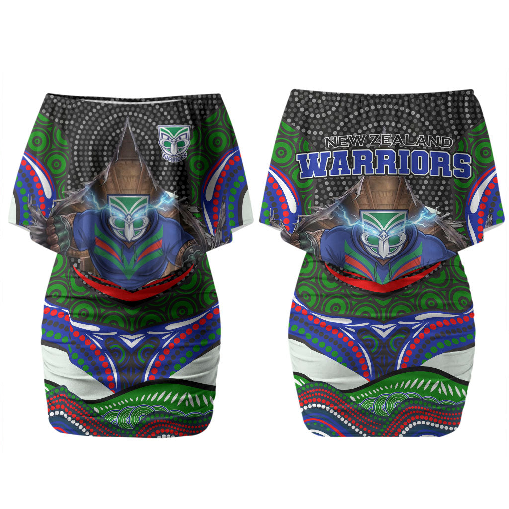 New Zealand Warriors Couples Matching Off Shoulder Short Dress and Hawaiian Shirt The Scream of Lightning Eyes - Indigenous Dot Ripping Effect