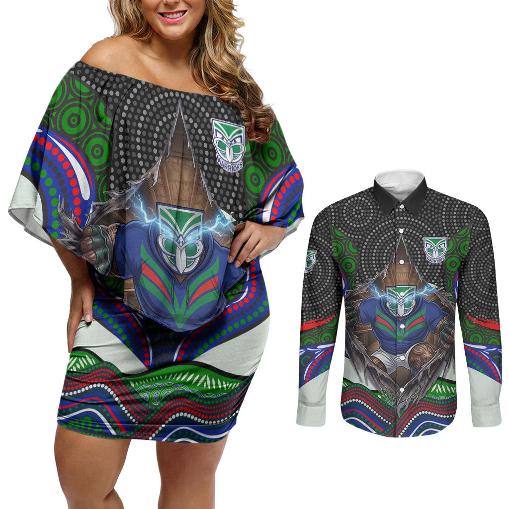 New Zealand Warriors Couples Matching Off Shoulder Short Dress and Long Sleeve Button Shirt The Scream of Lightning Eyes - Indigenous Dot Ripping Effect
