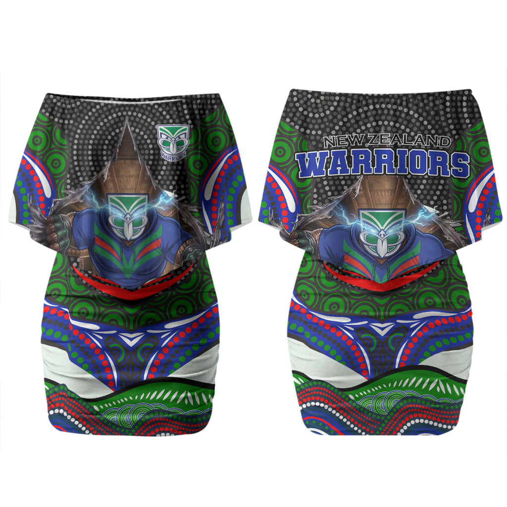 New Zealand Warriors Couples Matching Off Shoulder Short Dress and Long Sleeve Button Shirt The Scream of Lightning Eyes - Indigenous Dot Ripping Effect