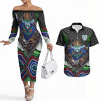 New Zealand Warriors Couples Matching Off The Shoulder Long Sleeve Dress and Hawaiian Shirt The Scream of Lightning Eyes - Indigenous Dot Ripping Effect
