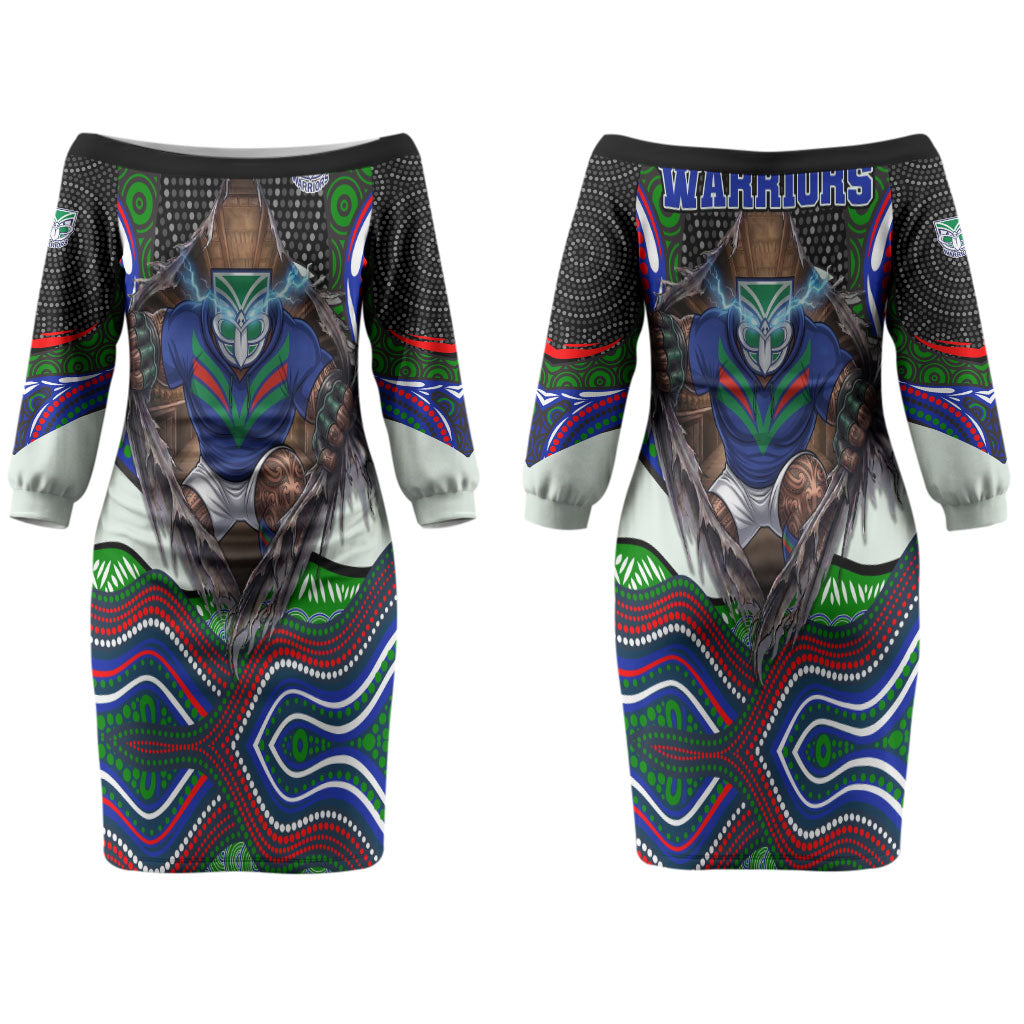 New Zealand Warriors Couples Matching Off The Shoulder Long Sleeve Dress and Long Sleeve Button Shirt The Scream of Lightning Eyes - Indigenous Dot Ripping Effect