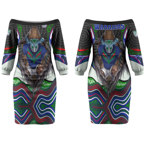New Zealand Warriors Couples Matching Off The Shoulder Long Sleeve Dress and Long Sleeve Button Shirt The Scream of Lightning Eyes - Indigenous Dot Ripping Effect