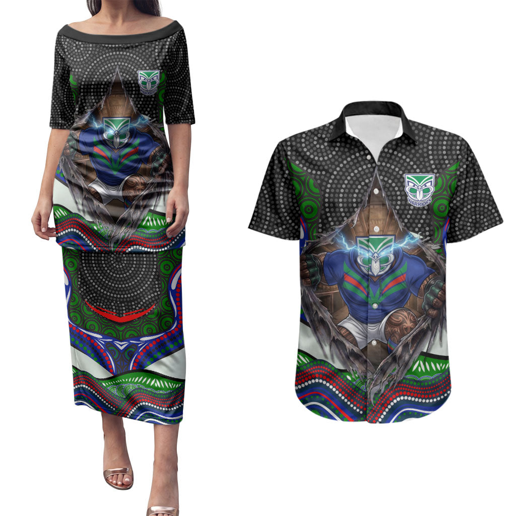 New Zealand Warriors Couples Matching Puletasi and Hawaiian Shirt The Scream of Lightning Eyes - Indigenous Dot Ripping Effect